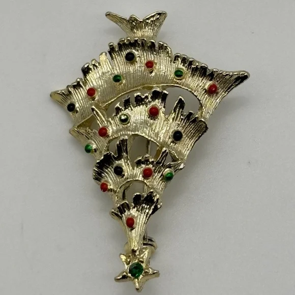 Vintage Gerry's Christmas Tree Pin, Gold Metal Green Red Decorations, Book Piece - Picture 6 of 15
